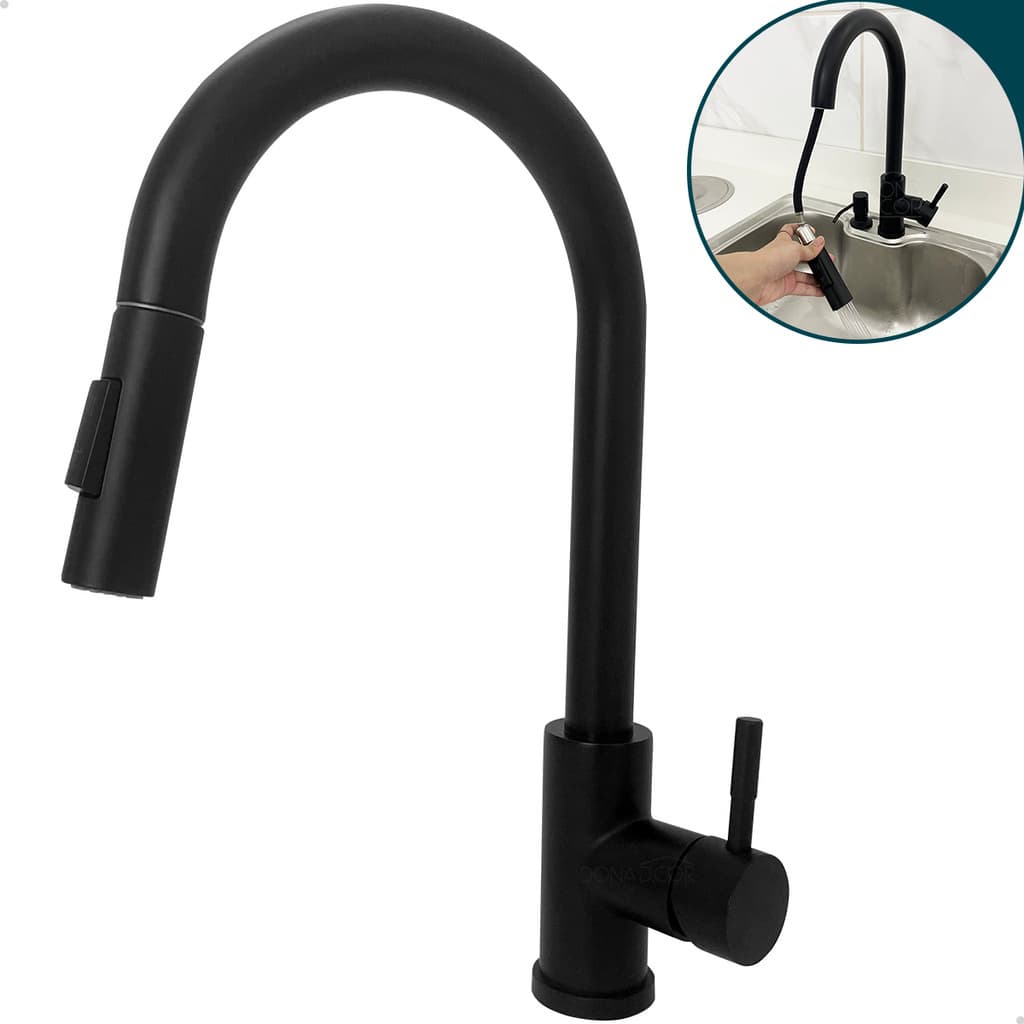 Torneira De Cozinha Preta Fosca Inox 304 Monocomando Bancada Bica Alta Mesa Bico Extensivo Flexível