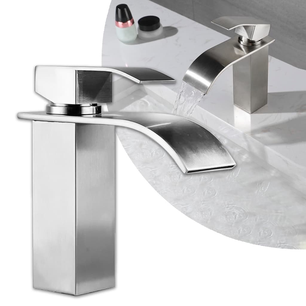 Torneira de banheiro em aço inoxidável com design slim e monocomando, saída de água em cascata, fundo branco