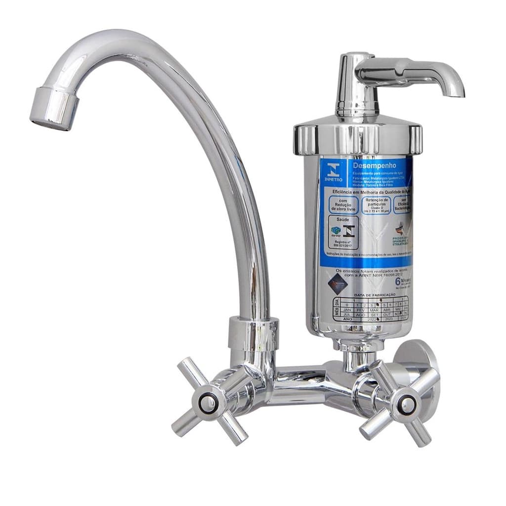 Torneira Com Filtro de Água Para Pia de Cozinha de Parede Bica Móvel ¼ volta Cromada Sink C31 Iguatemi