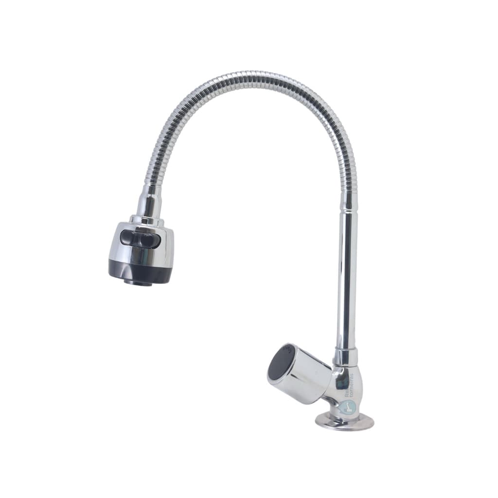 Torneira gourmet metal inox para pia e bancada, curva flexível, acabamento prateado