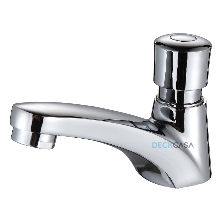 Torneira automática de mesa cromada para banheiro, design moderno e elegante, acionamento por gatilho, alta qualidade.