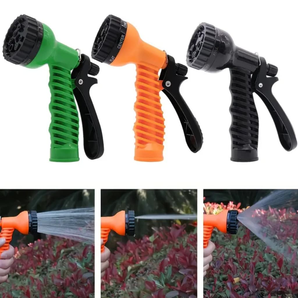 Esguicho de jardim com múltiplos tipos de jato, disponível em verde, laranja e preto.