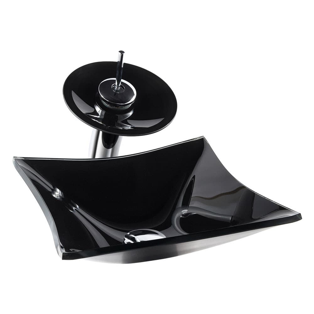 CONJUNTO LOPAZZI CUBA BANHEIRO LAVABO QUADRADA 30CM VIDRO + TORNEIRA CASCATA E VÁLVULA CLICK INOX