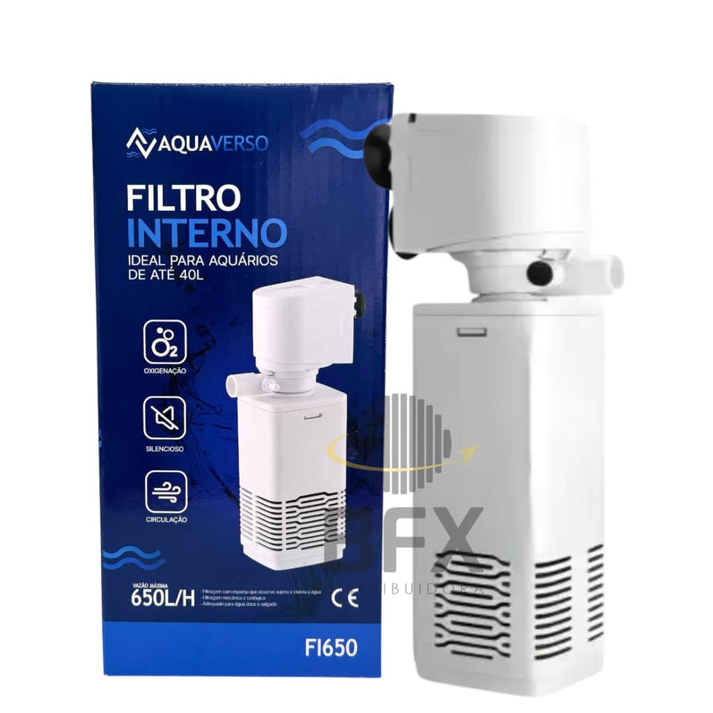 Filtro aquario Interno 650L/H com Bomba Submersa Aerador de Oxigênio Aquaverso Aquario até 70 Litros