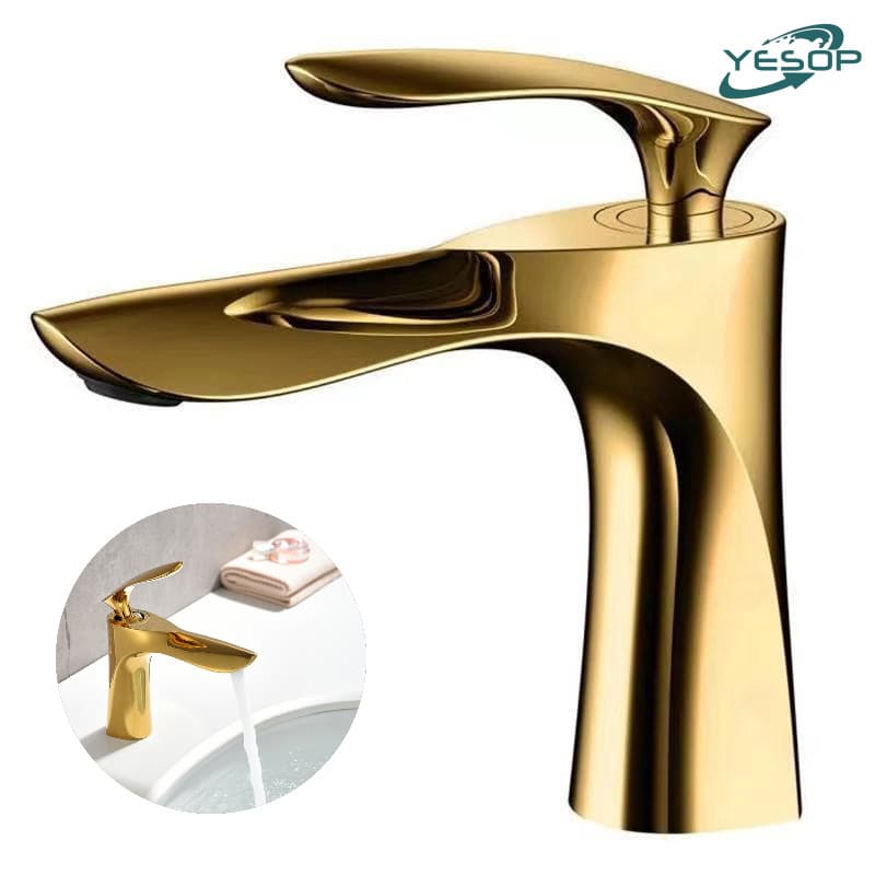 Torneira dourada para banheiro com design moderno, acabamento brilhante, marca YESOP