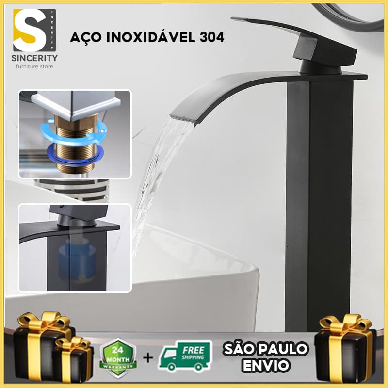 ‌Torneira Para Banheiro Em Inox Metal - Bica Alta P/Luxo, Torneira Fria Simples Para Pia De Lavatório Prateado‌