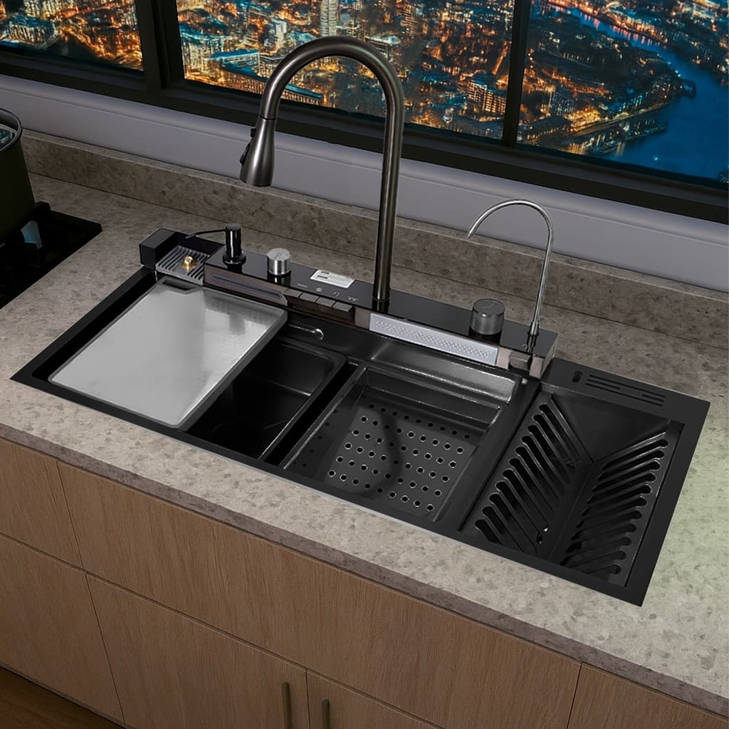 Cuba Cozinha Gourmet Multifuncional Inox 304 Preta Cascata Com Calha Torneira Extensível