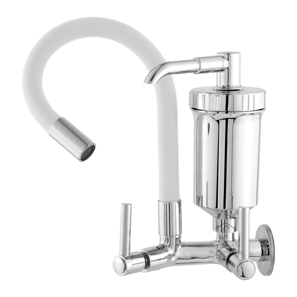 Torneira Cozinha Parede Com Filtro Metal Flexível Branca