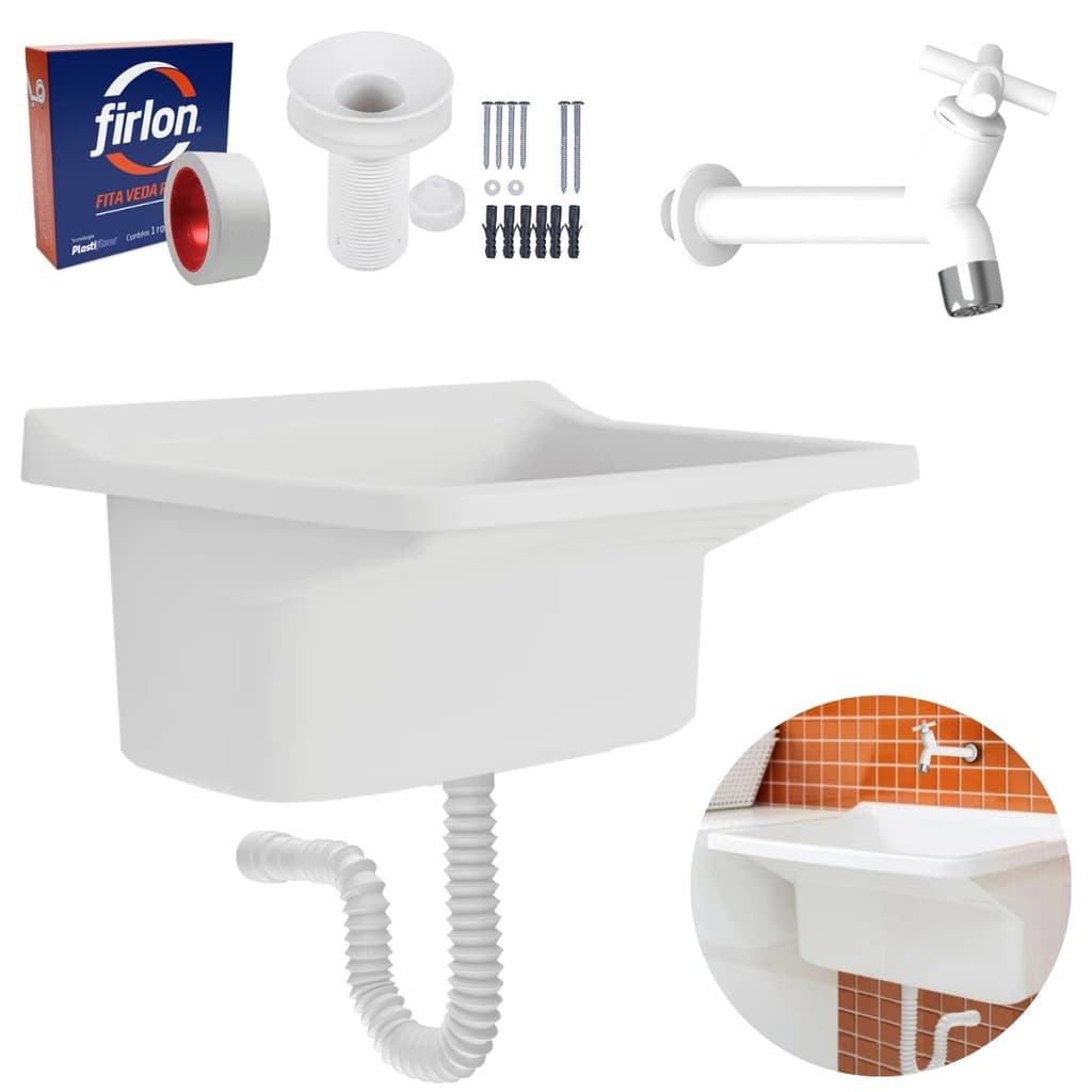 Tanque Plástico 40L Para Lavanderia Branco + Sifão Universal Sanfonado + Veda Rosca + Torneira Branca
