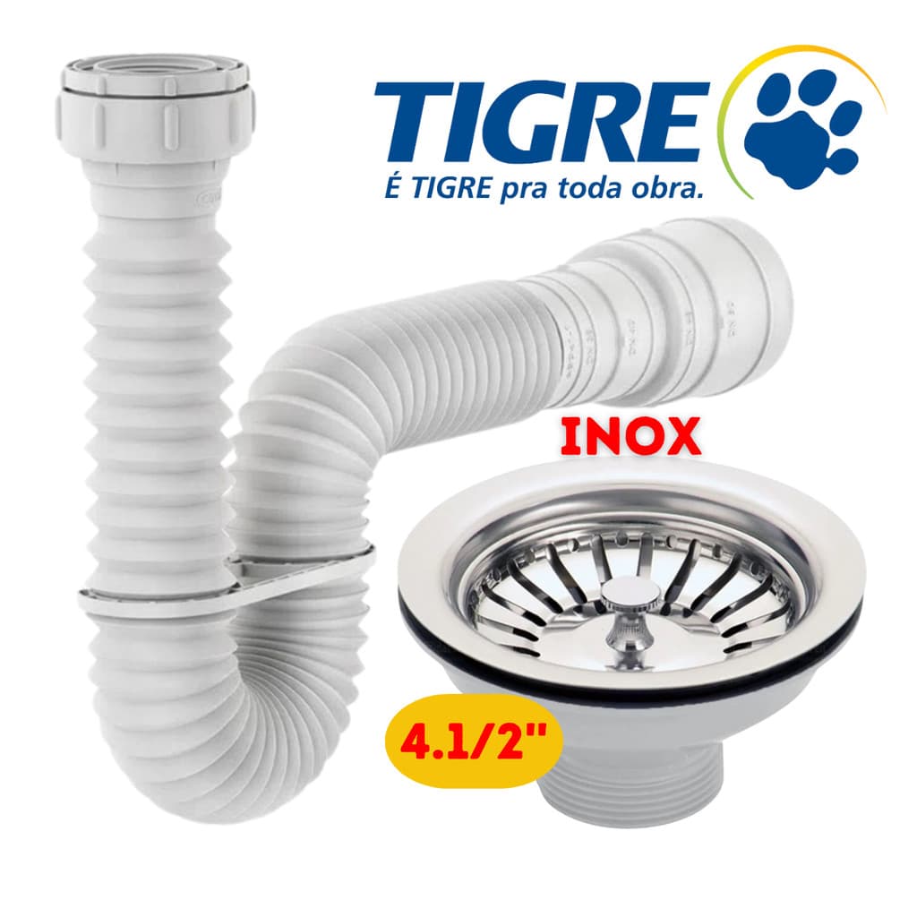 Sifão Tigre Flexível + Válvula Pia Gourmet Válvula Cozinha 4.1/2'' em Aço Inox Válvula Cuba Gormet