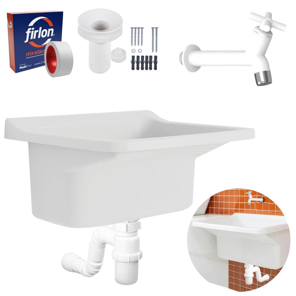 Tanque Plástico 22L Para Lavanderia Branco + Sifão Copo Universal Sanfonado + Veda Rosca + Torneira Branca