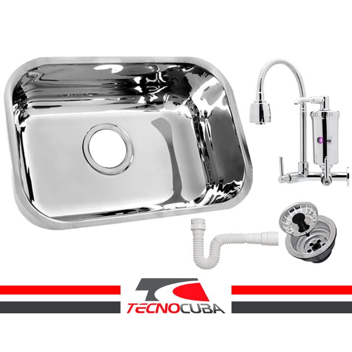 Cuba Inox N°2 Alto Brilho 56x34x17 - Válvula E Sifão + torneira gourmet com filtro/ prata - PAREDE - Dazie