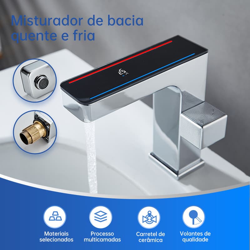 Torneira Inteligente quadrado Display LED Temperatura Moderna Para Banheiro Quente Frio Bancada
