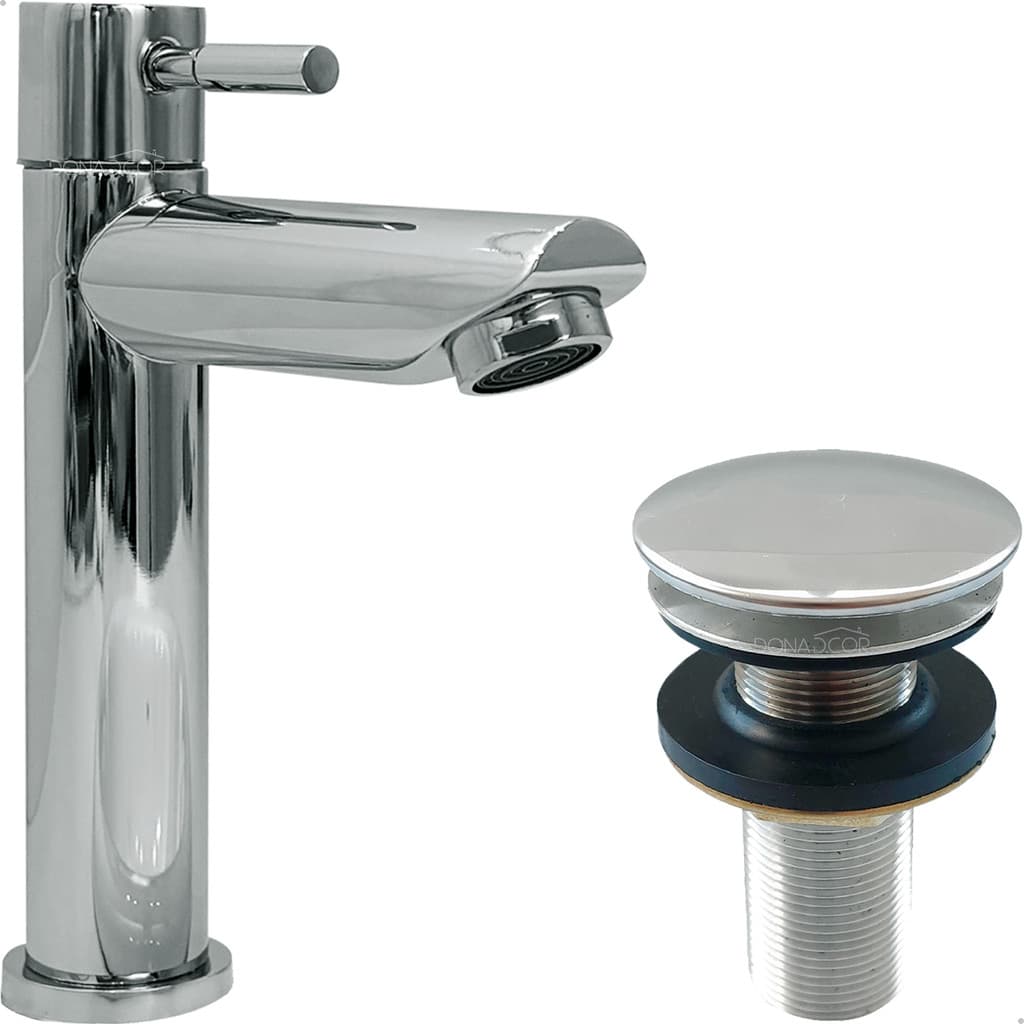 Kit Torneira Bica Baixa Inox Cromado com Válvula Click para Pia de Banheiro