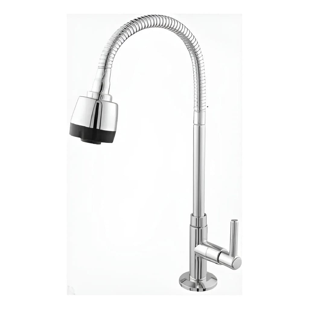 Torneira gourmet cromada flexível com bico preto, design giratório, cabo flexível e base rainha