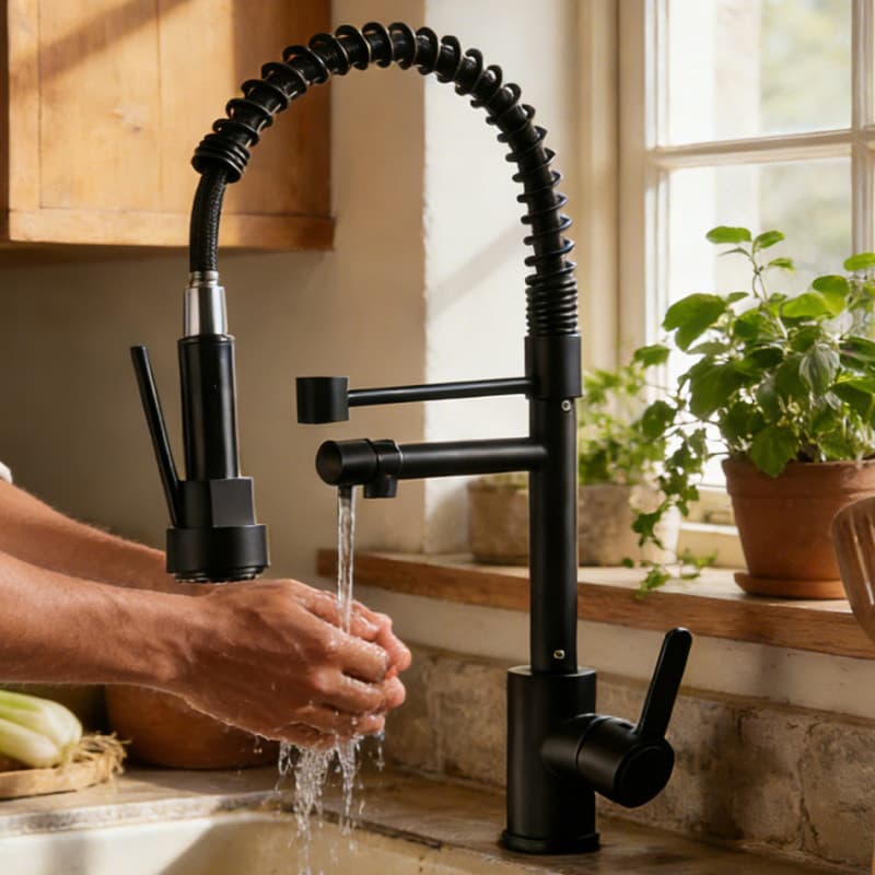 Torneira de cozinha preta com design de espiral e água fluindo