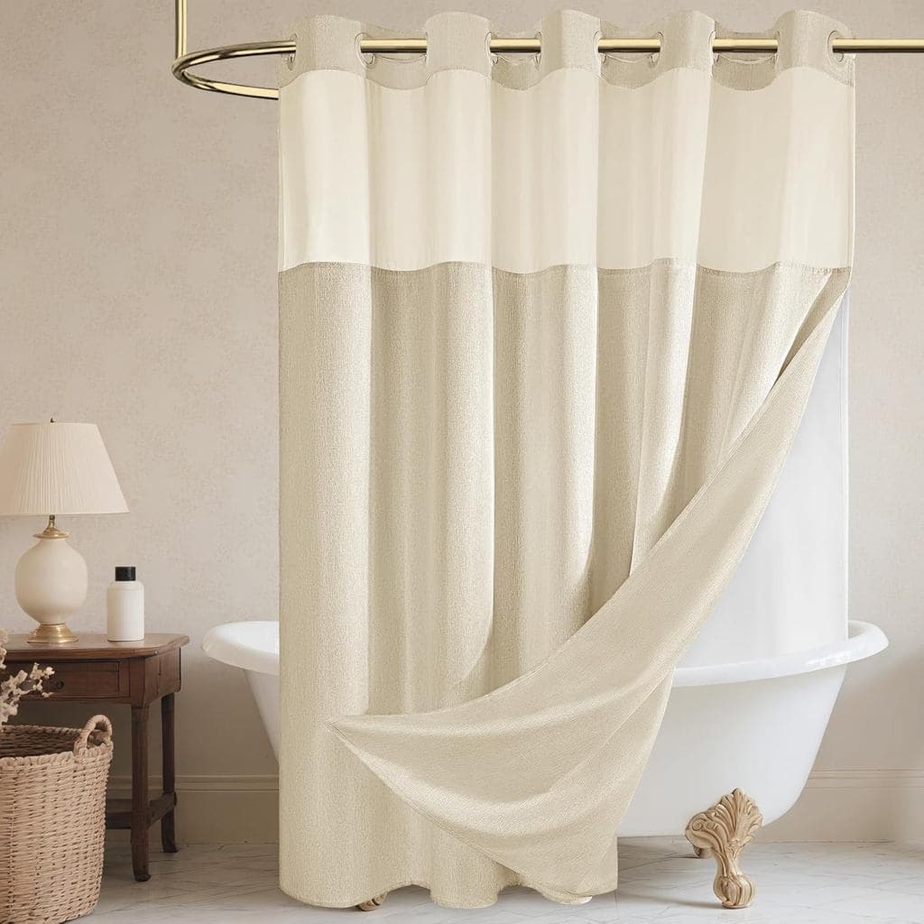Cortina de chuveiro WONICY bege com textura de linho em um banheiro elegante