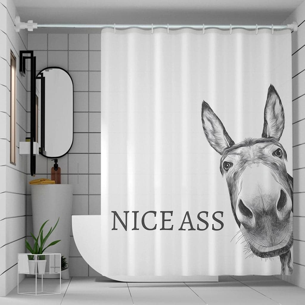 Cortina de chuveiro com estampa de burro sorridente, preto e branco, 'NICE ASS', banheiro