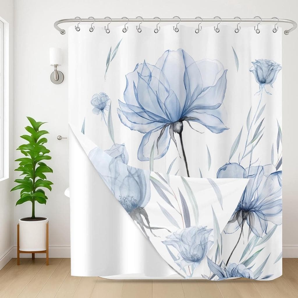 Cortina de chuveiro com estampa floral azul e cinza
