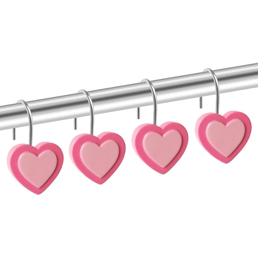 Ganchos para cortina de chuveiro em forma de coração, cor rosa claro, suspensos em varão prateado