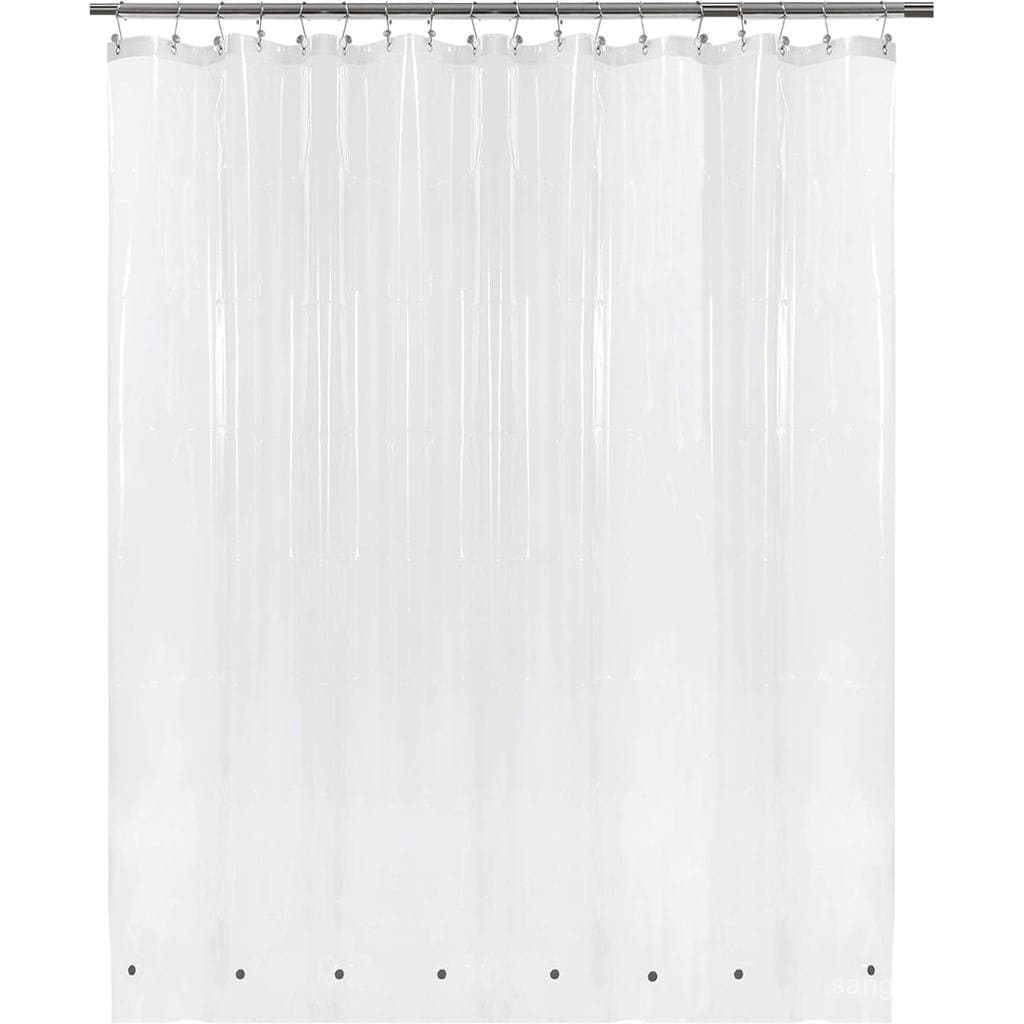Cortina de chuveiro transparente de plástico com ilhóses de metal, design simples, material PEVA, fundo branco.