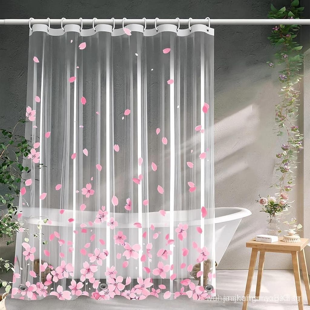 Cortina transparente para chuveiro com estampa de flores rosa