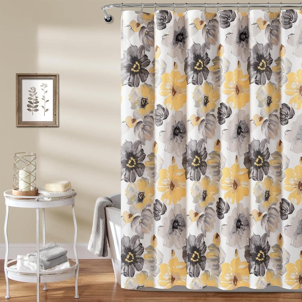 Cortina de chuveiro floral Leah da Lush Decor, 72'' x 72'', amarelo e cinza, cortina de tecido