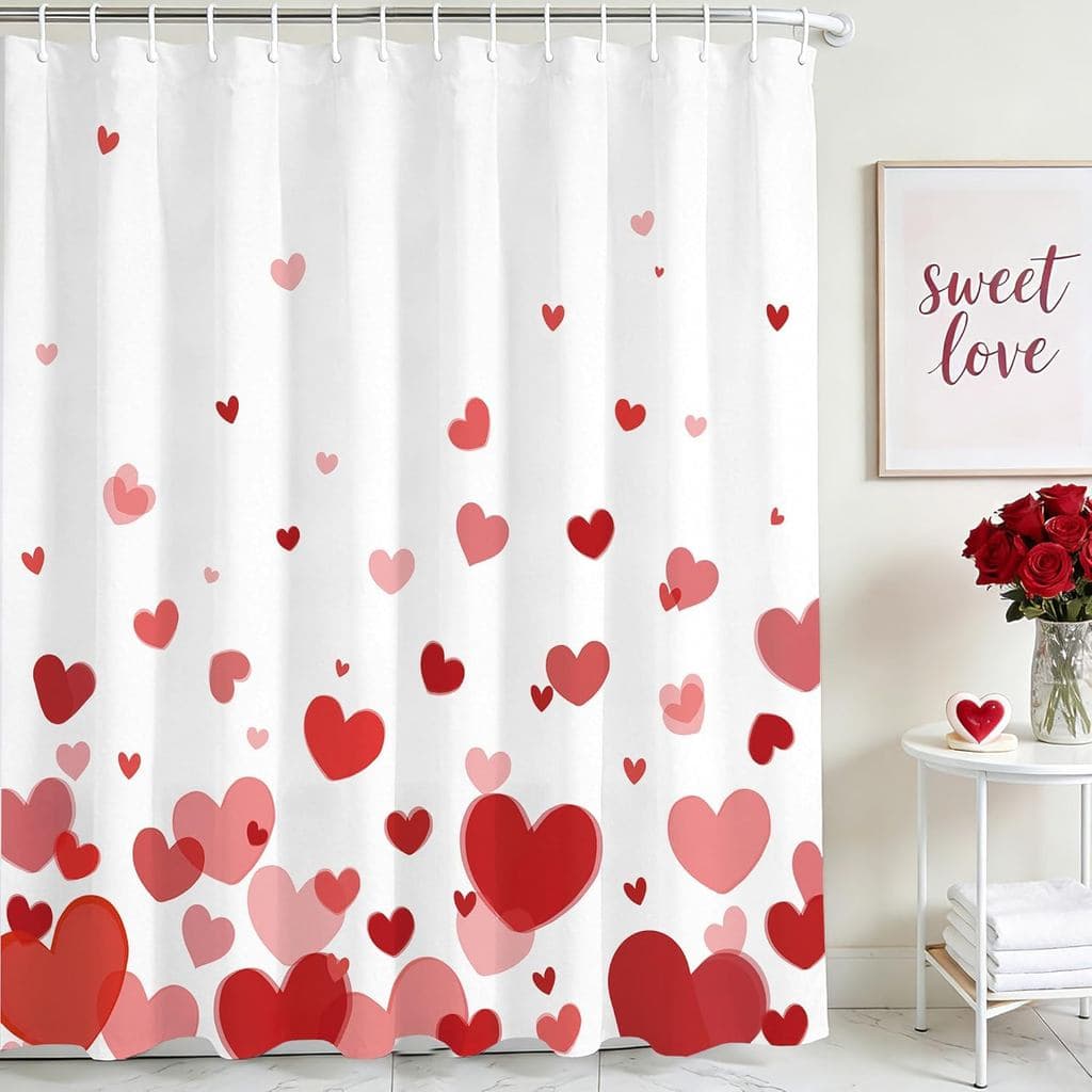 Cortina de chuveiro branca com corações vermelhos e rosas para banheiro.