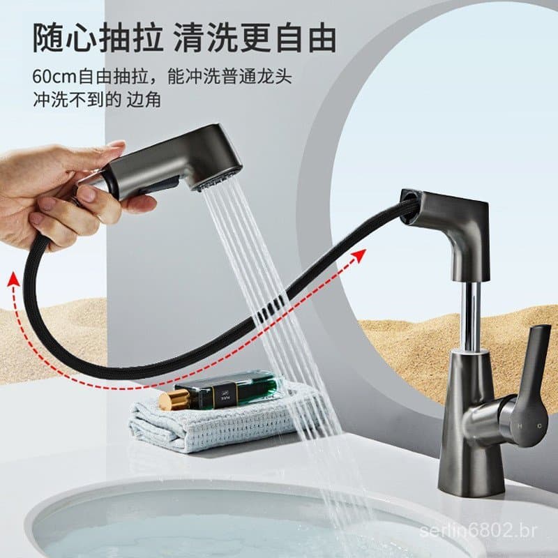 Torneira de Lavatório Ajustável Quente e Fria Cinza Multi-funcional para Banheiro Lavatório Embutido KSZR