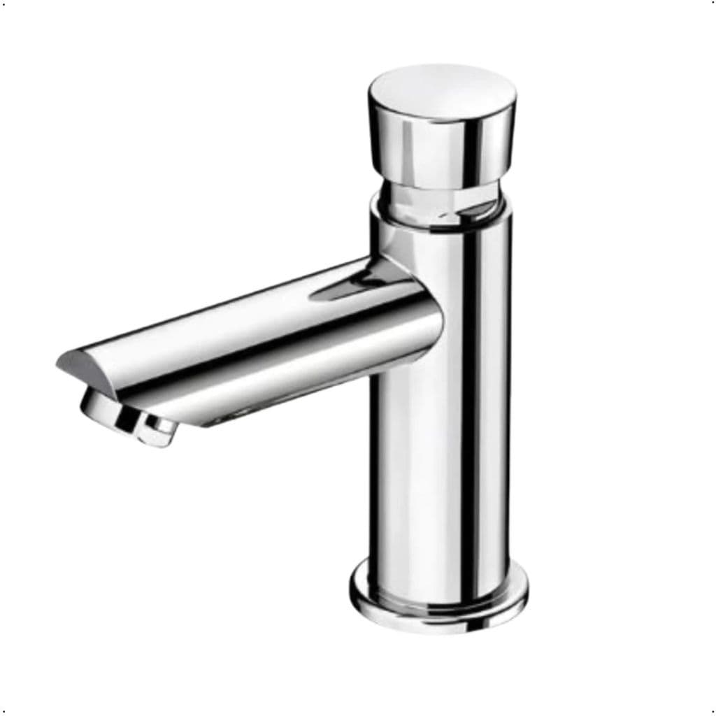 Torneira automática temporizada cromada para lavatório, design elegante e minimalista.