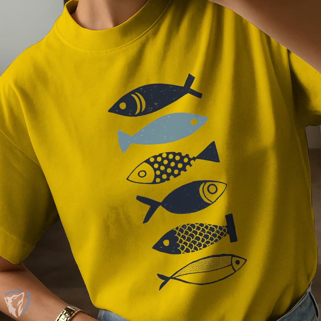 Camiseta Estampada Peixes | Design Minimalista Inspirado no Mar Peixinhos Design Azul Minimalista Moderno