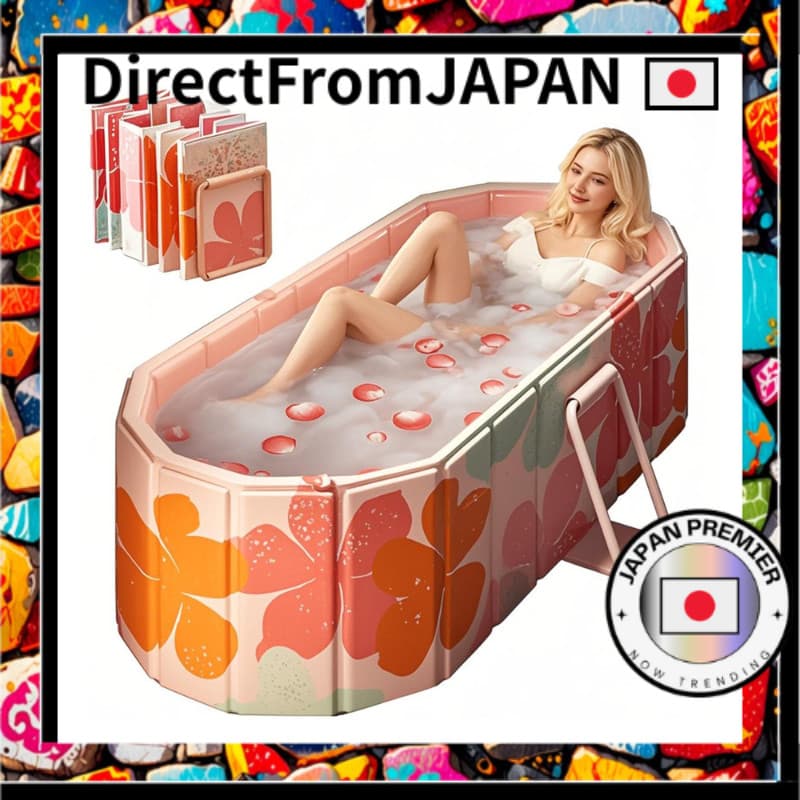 Banheira portátil dobrável Bounvi, uso ao ar livre, design floral rosa e laranja, cheia de água, mulher relaxando