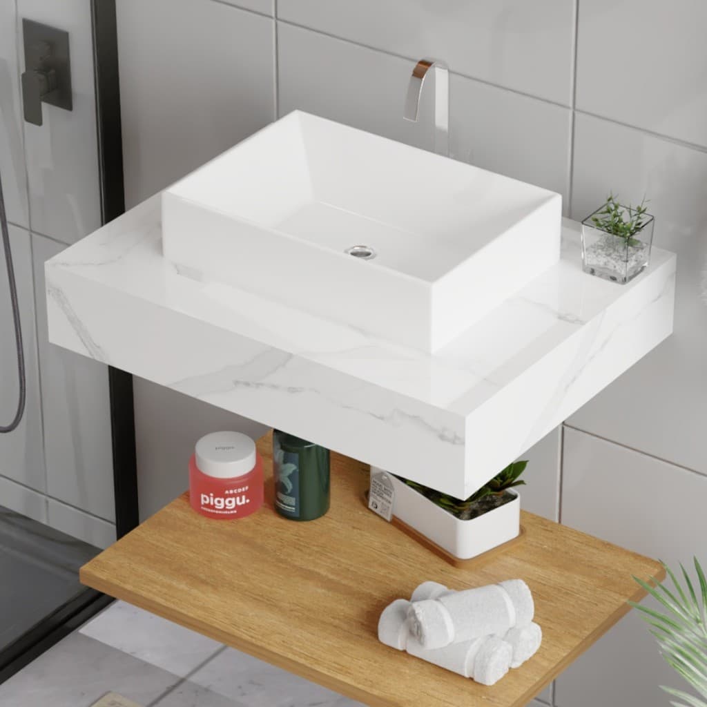 Bancada de banheiro em porcelanato Calacata com cuba de apoio branca e kit de instalação