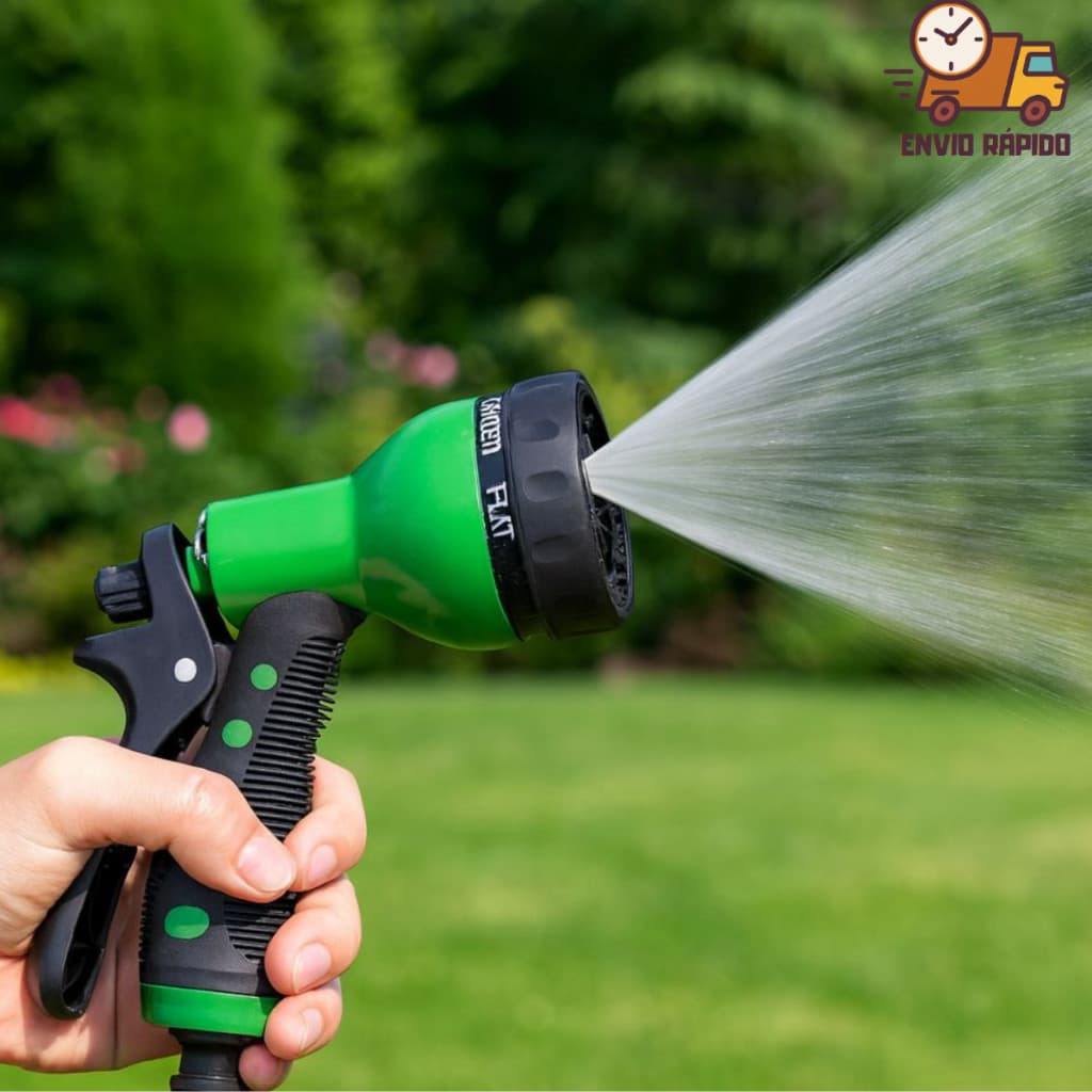 Esguicho de jardim verde e preto com múltiplos tipos de jato e engate rápido