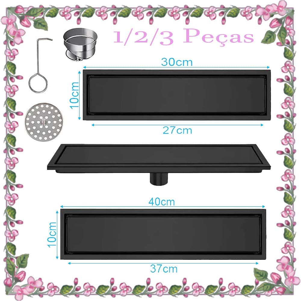 Ralo de piso linear em aço inoxidável, disponível em 1/2/3 peças, com medidas de 30cm, 27cm e 40cm.