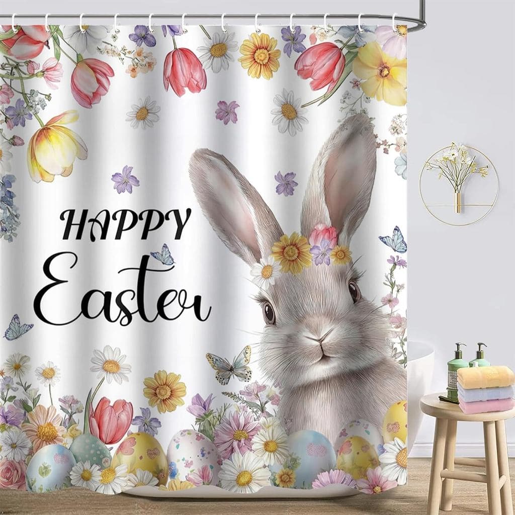Cortina de chuveiro com coelho e flores da Páscoa, texto 'HAPPY EASTER', fundo branco
