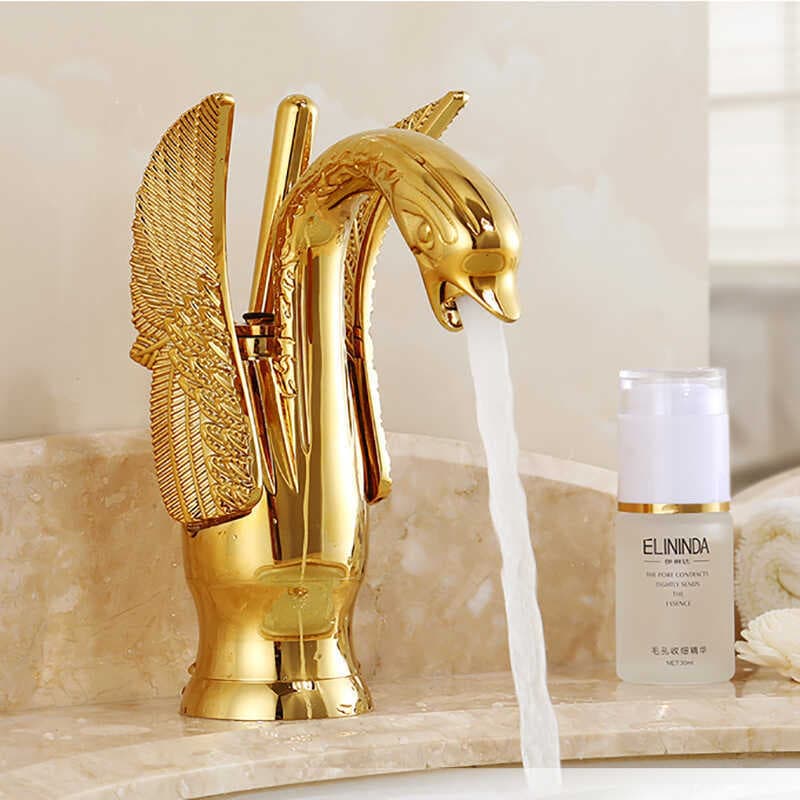 Torneira para lavatório de banheiro, torneira preta para bacia, cisne dourado, torneira quente e fria para bancada