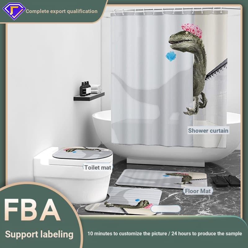 Cortina de chuveiro à prova d'água com estampa de dinossauro, tapete de banheiro e tapete de piso