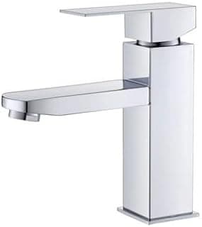 Torneira cromada para lavatório de banheiro, design elegante e moderno, fundo branco, acabamento brilhante.