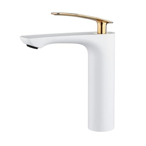 Torneira Monocomando para Banheiro, Acabamento Branco e Dourado, Design Luxuoso