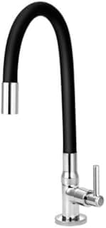 Torneira preta flexível para cozinha com bico giratório, metal prateado, fundo branco.