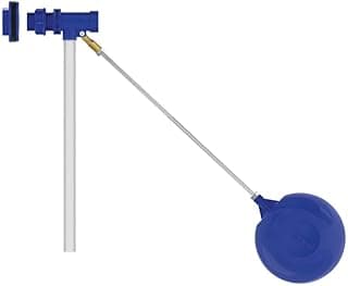 Torneira de boia para caixa d'água azul com tubo de metal, flutuador e fundo branco