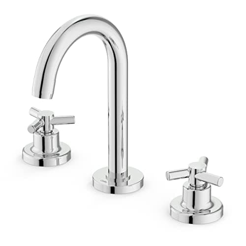 Misturador para lavatório de mesa em aço inoxidável cromado com bico curvado e controles de alavanca