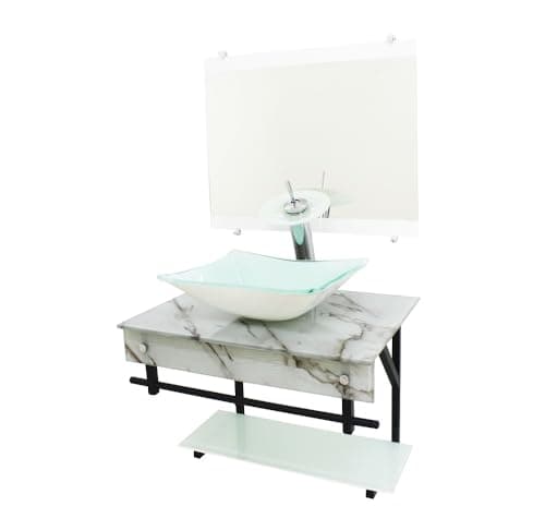 Gabinete de banheiro com cuba quadrada, espelho e válvula click, montado em mármore branco.