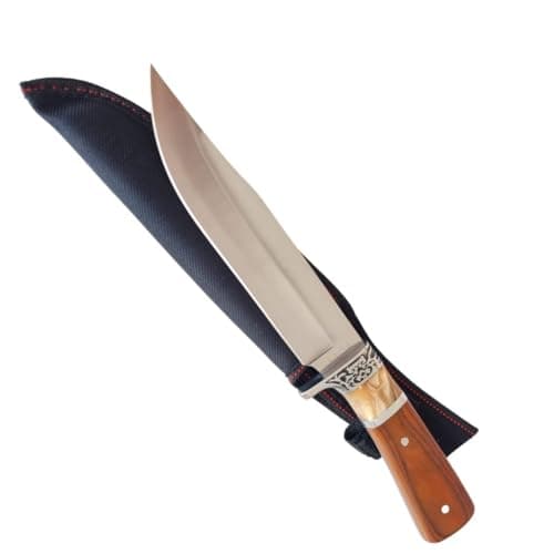 Faca Tática para Churrasco e Camping, 8 Polegadas, Lâmina Inox 420, Cabo em Madeira Estilo Oriental com Bainha em Napa