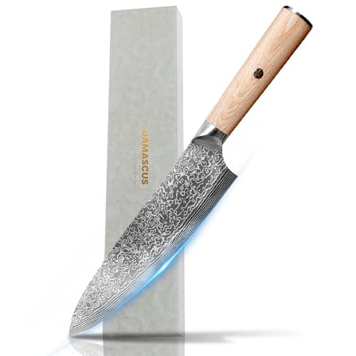 Diagsh Faca de chef japonesa de 20 cm - faca de cozinha de aço damasco de 67 camadas de 2 mm, lâmina profissional afiada para carne, sushi e legumes com cabo ergonômico de madeira e caixa de presente