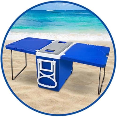 CAIXA TÉRMICA MULTIFUNCIONAL 3 EM 1 Com 2 Mesas Retráteis E 1 Cooler Plástico Com Rodas Com 3 Alças 32 Litros