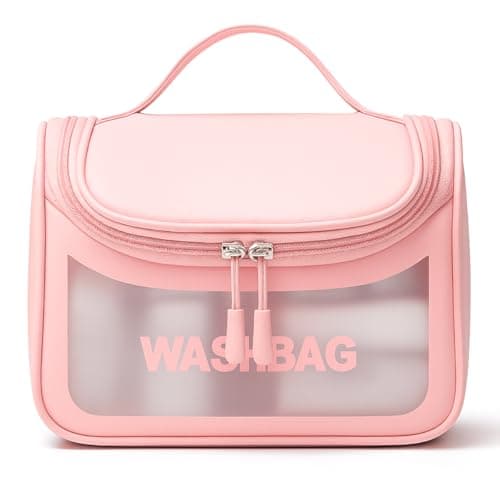 Necessaire Feminina Transparente Viagem Bolsa Ideal para Cosméticos Maquiagem Higiene Pessoal Fechamento com Zíper Fácil Acesso Design Moderno Funcional Impermeável (Rosa)