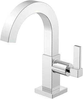Torneira de mesa em aço inoxidável, bica alta, design elegante, punho de controle único, base quadrada, fundo branco
