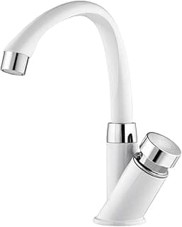 Torneira automática branca com cromado para lavatório, design moderno e elegante, detalhes em aço inoxidável.